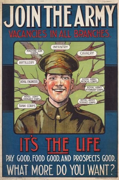 Military recruitment poster. Join the Army. Vacancies in all branches. It's the life.