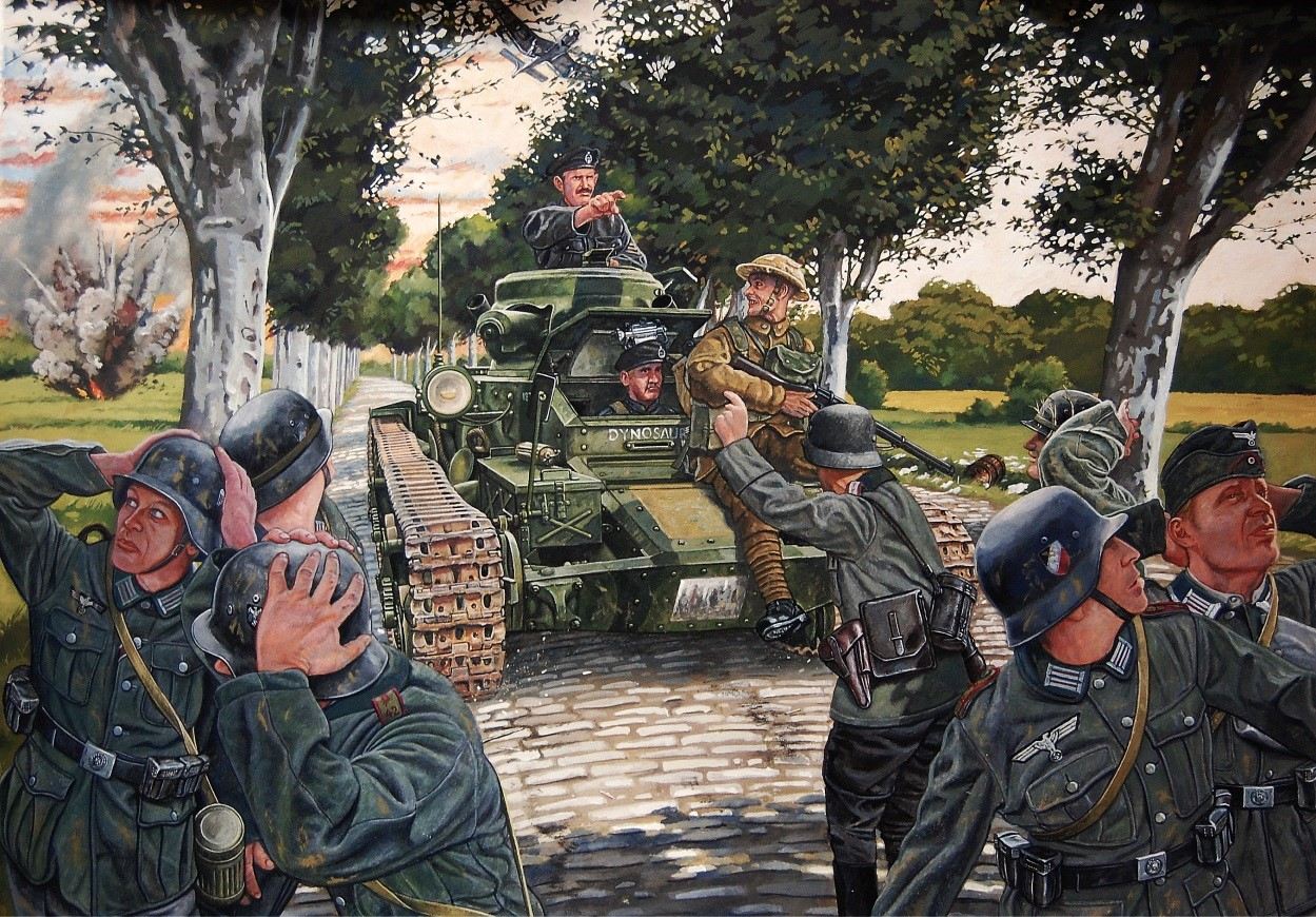 Painting depicting Sgt Strickland capturing fifty fully armed German infantry at Arras