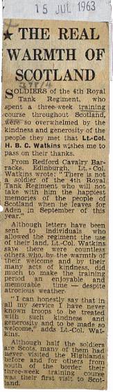 Newspaper article following a letter of thanks from Lt Col Watkins praising the warmth, kindness and generosity of Scottish people during a three week training course in Scotland