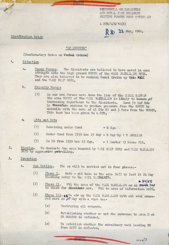 Orders by Lt Col Watkins,Op Stopper - Page 1 outlines the situation, mission and execution.