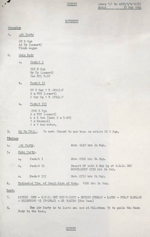 Orders by Lt Col Watkins,Op Stopper - This document outlines the movement including grouping, timings and route